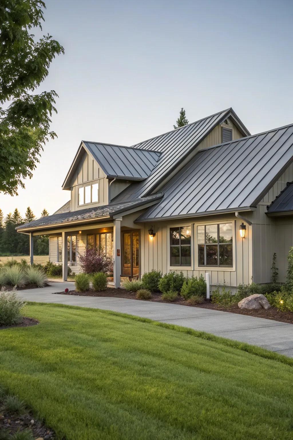 A contemporary metallic roof adds sleekness and longevity.