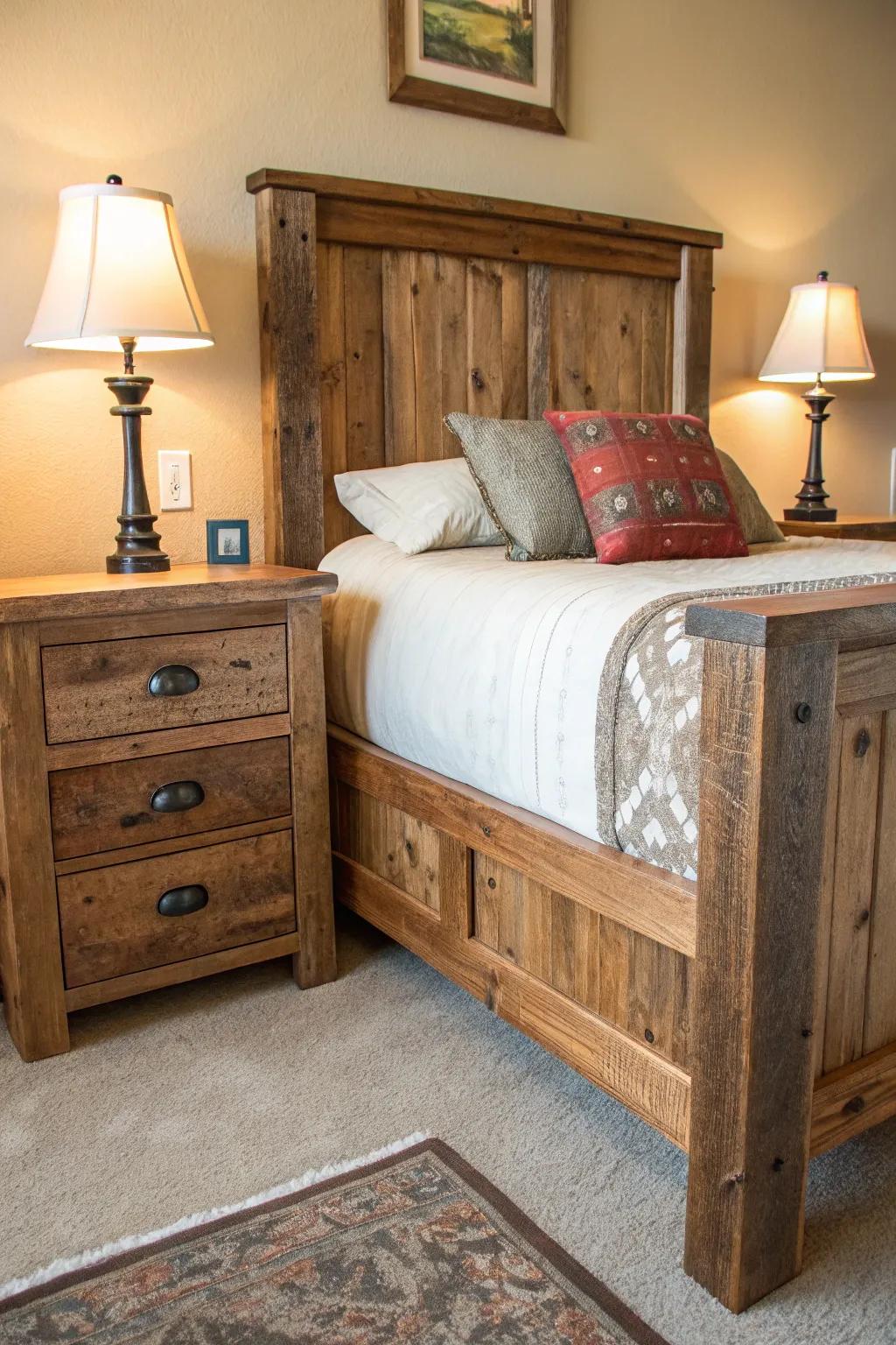 A rustic wood bed structure paired with matching wood bedside stands.