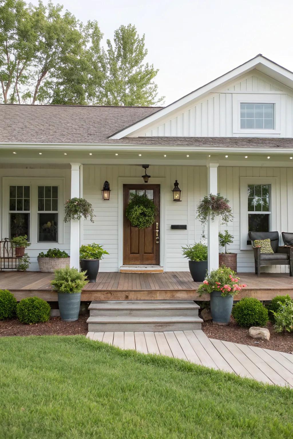 Matched greenery enhances your entrance with a welcoming touch.