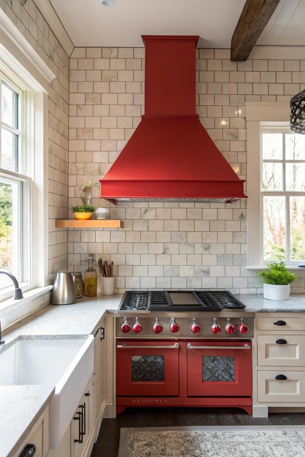 Kitchen featuring a bold-colored range hood contrasted with a neutral tile backsplash.