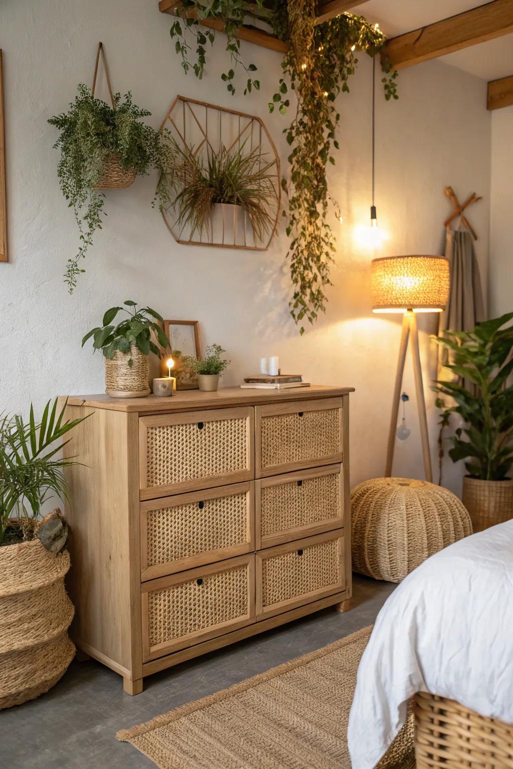 Keep your essentials in style using a rattan dresser.