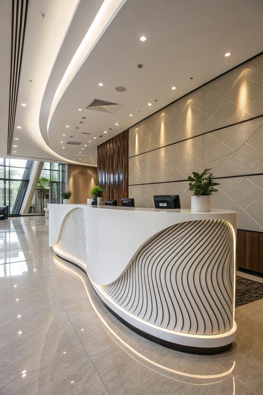A visually appealing reception desk featuring graceful curves.