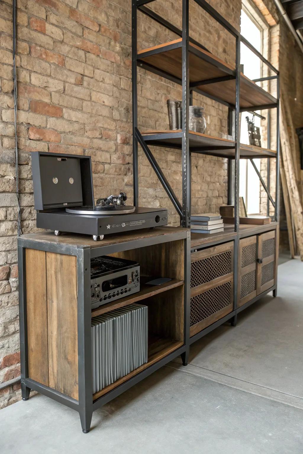 City style record player setup with metal and wood.