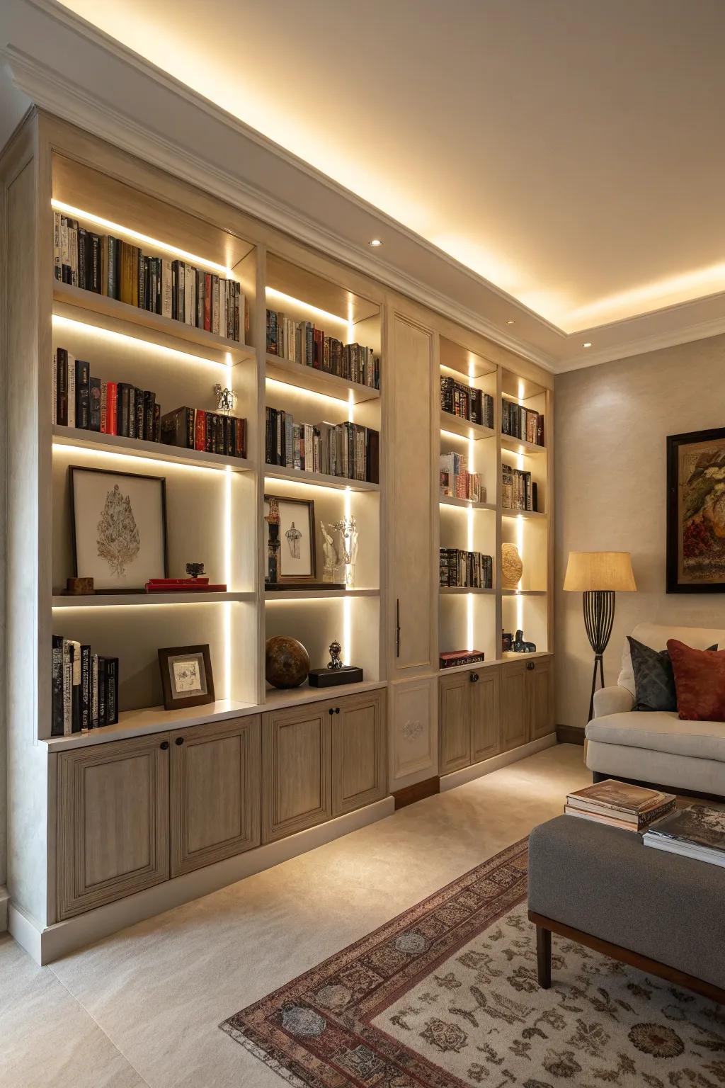 Towering shelves bring height and visual interest to the area.