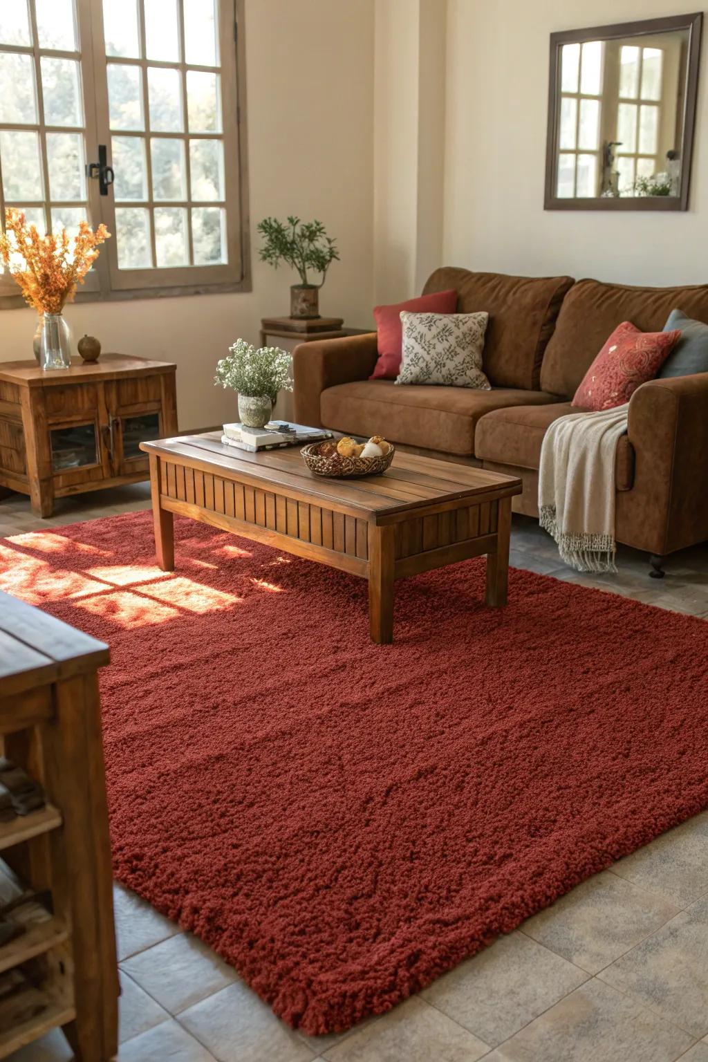Textured crimson rugs add warmth and comfort to a living space.