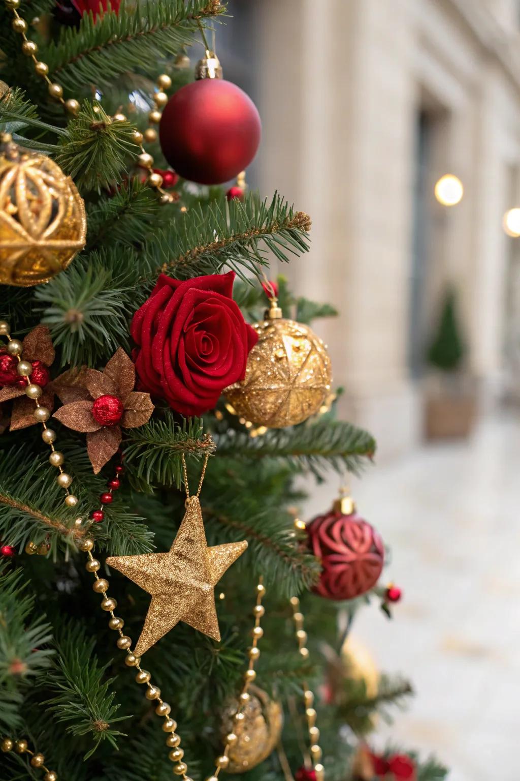 Distinct scarlet roses and gold stars introduce individual style to the tree.