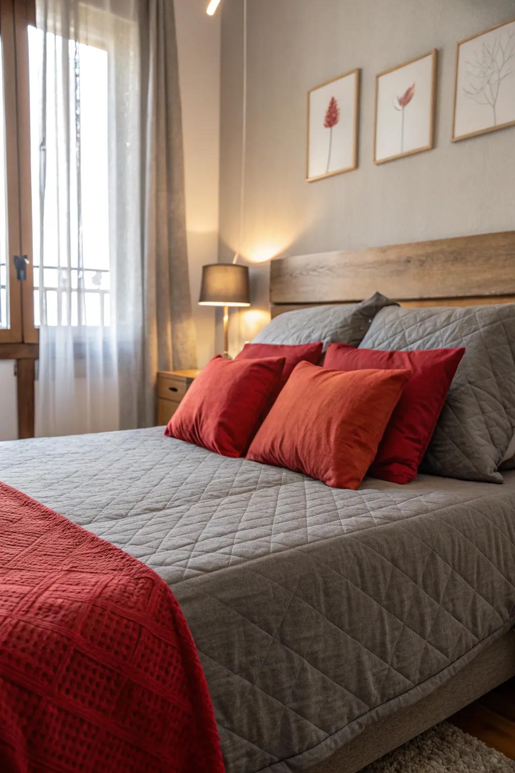 A peaceful sleep chamber featuring ash and scarlet accents.