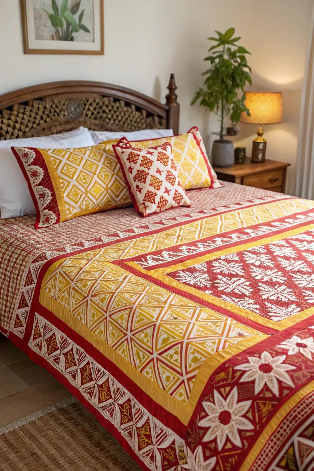 Patterned bedding in red and yellow brings a playful and lively feel to this bedroom.