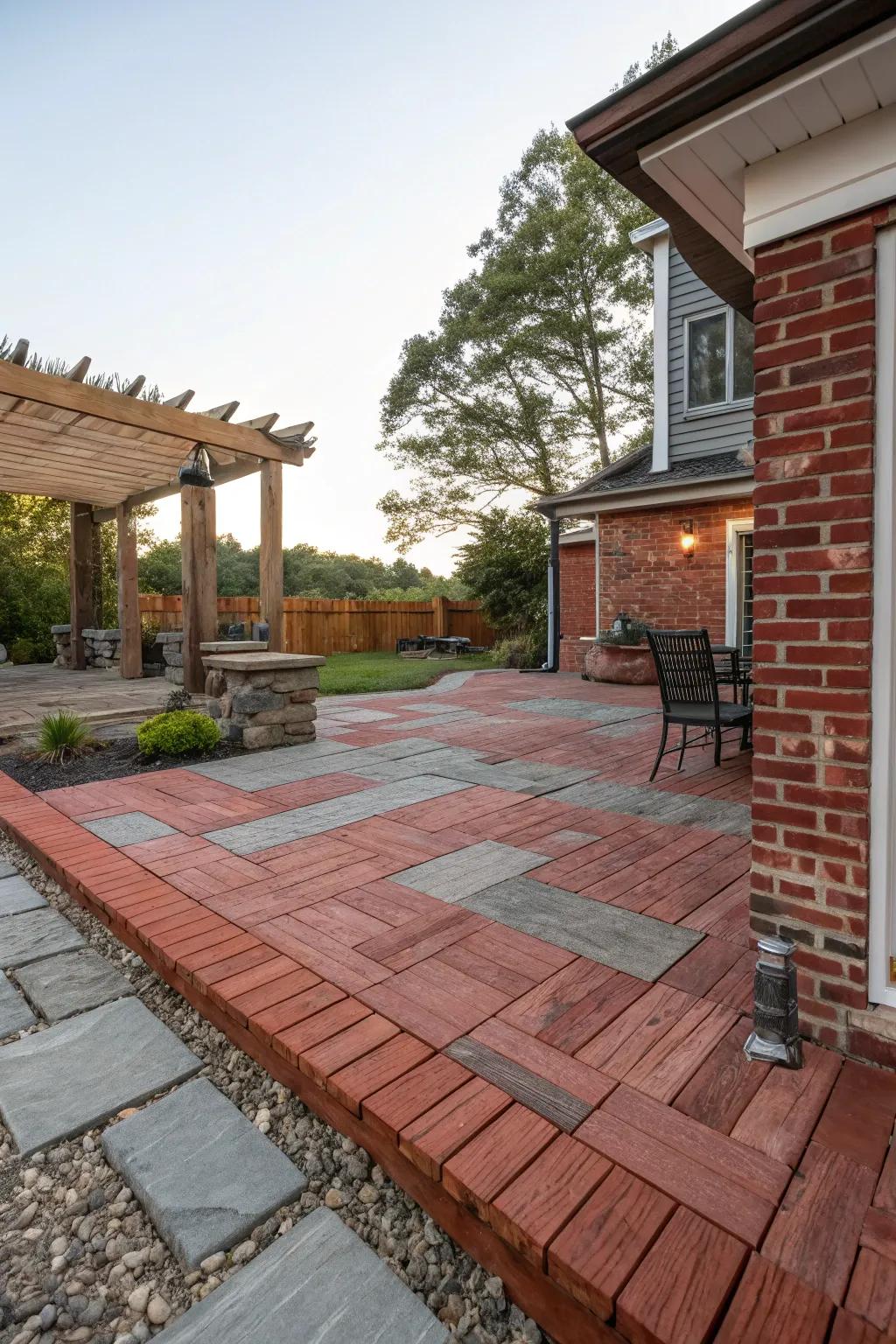 A red brick patio with various mixed material accents