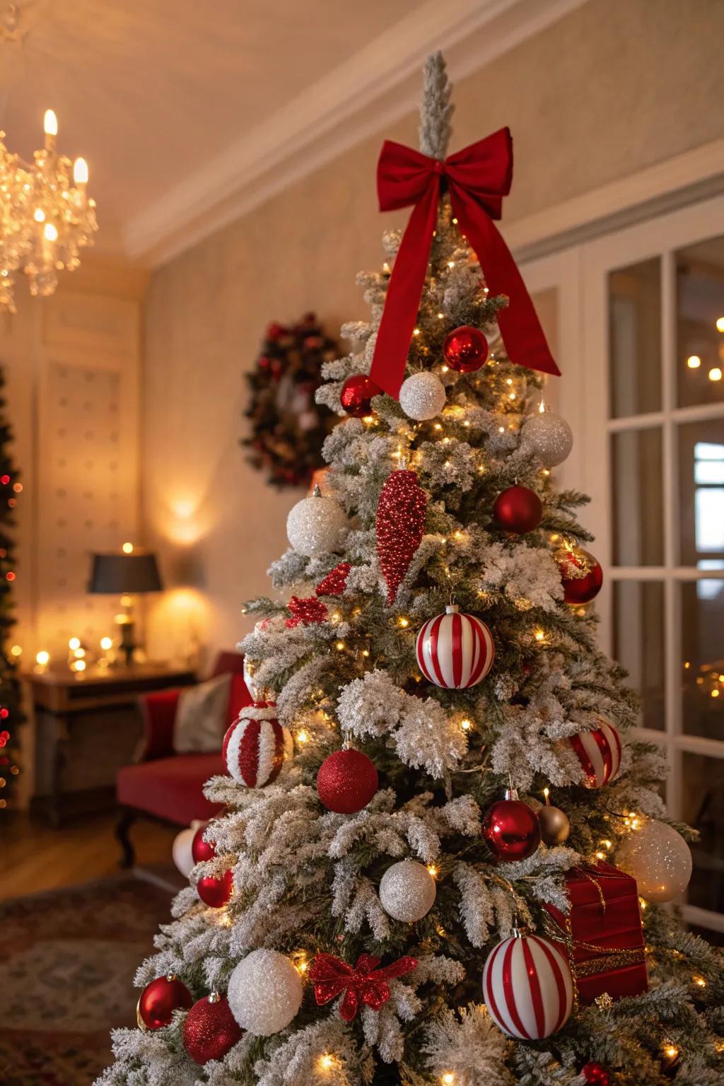 Christmas tree with a vintage vibe using scarlet and cream decorations