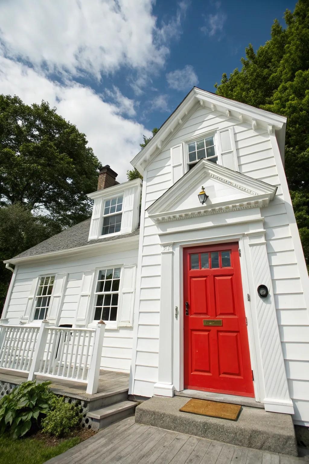 White house with a bold red door, making a strong visual statement.