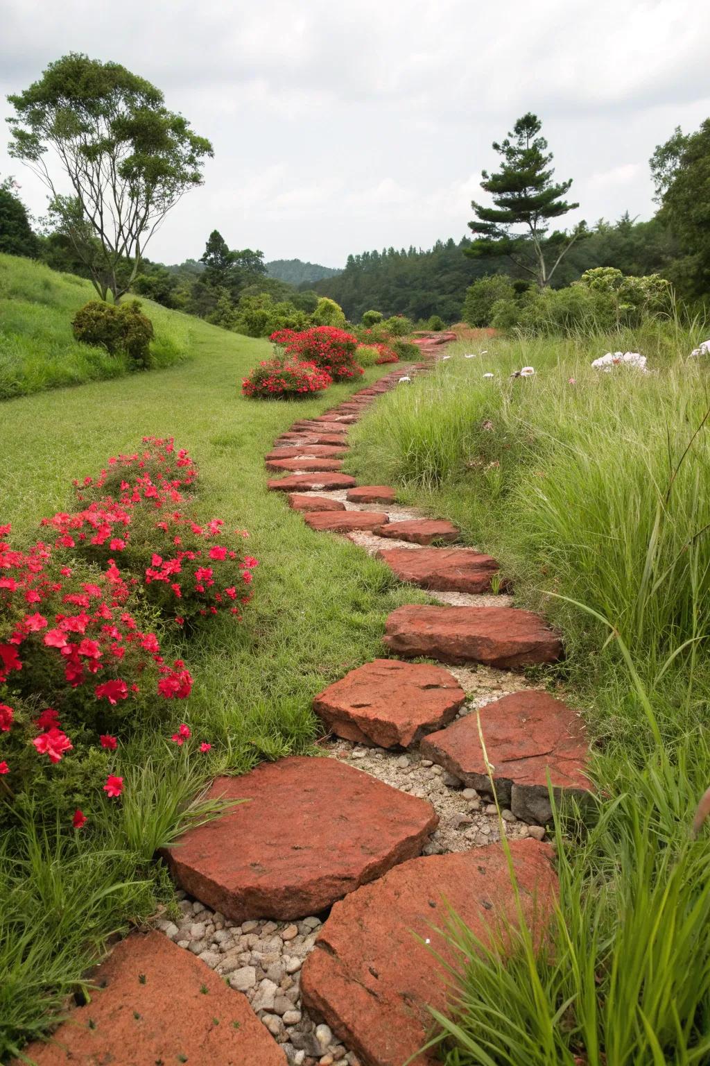 A delightful walkway bordered by scarlet igneous stones and flagstones.