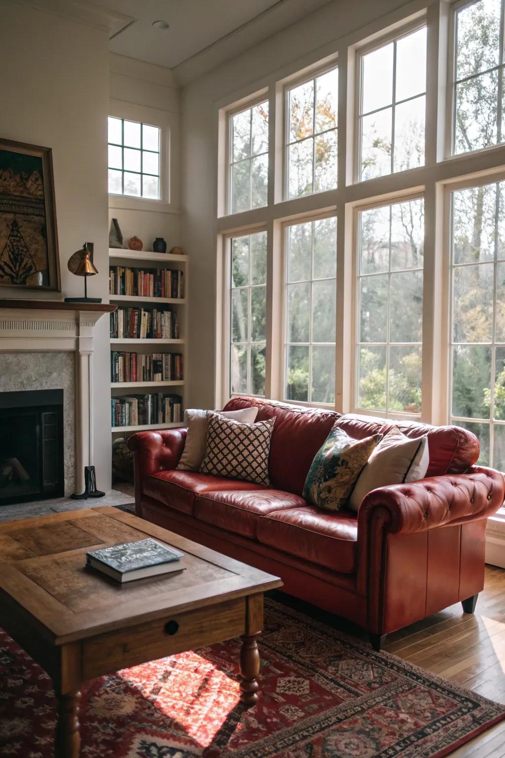 Natural light beautifully showcases the hue and feel of a crimson hide lounge.