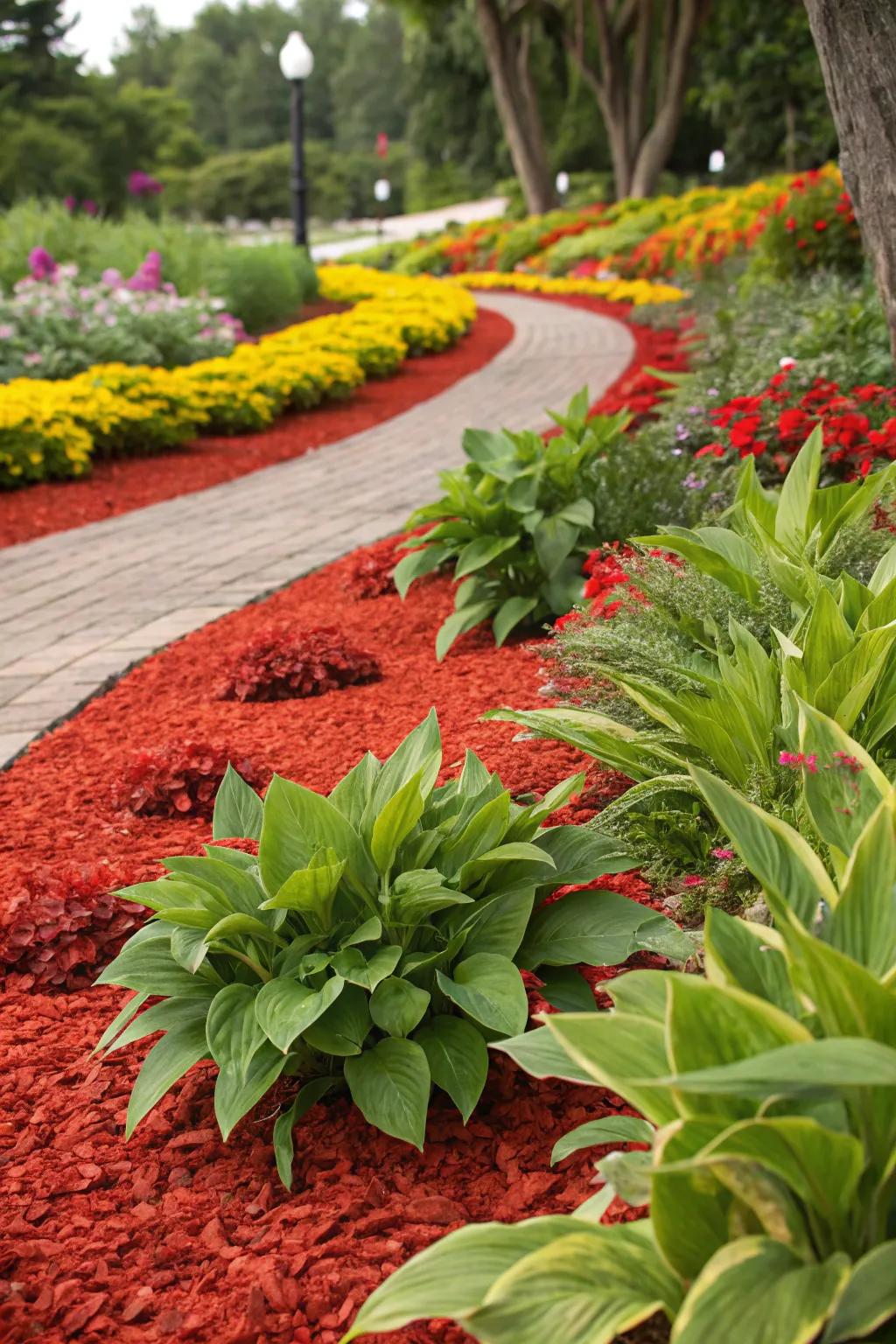 The contrast between scarlet ground cover and verdure generates a visually energetic garden.