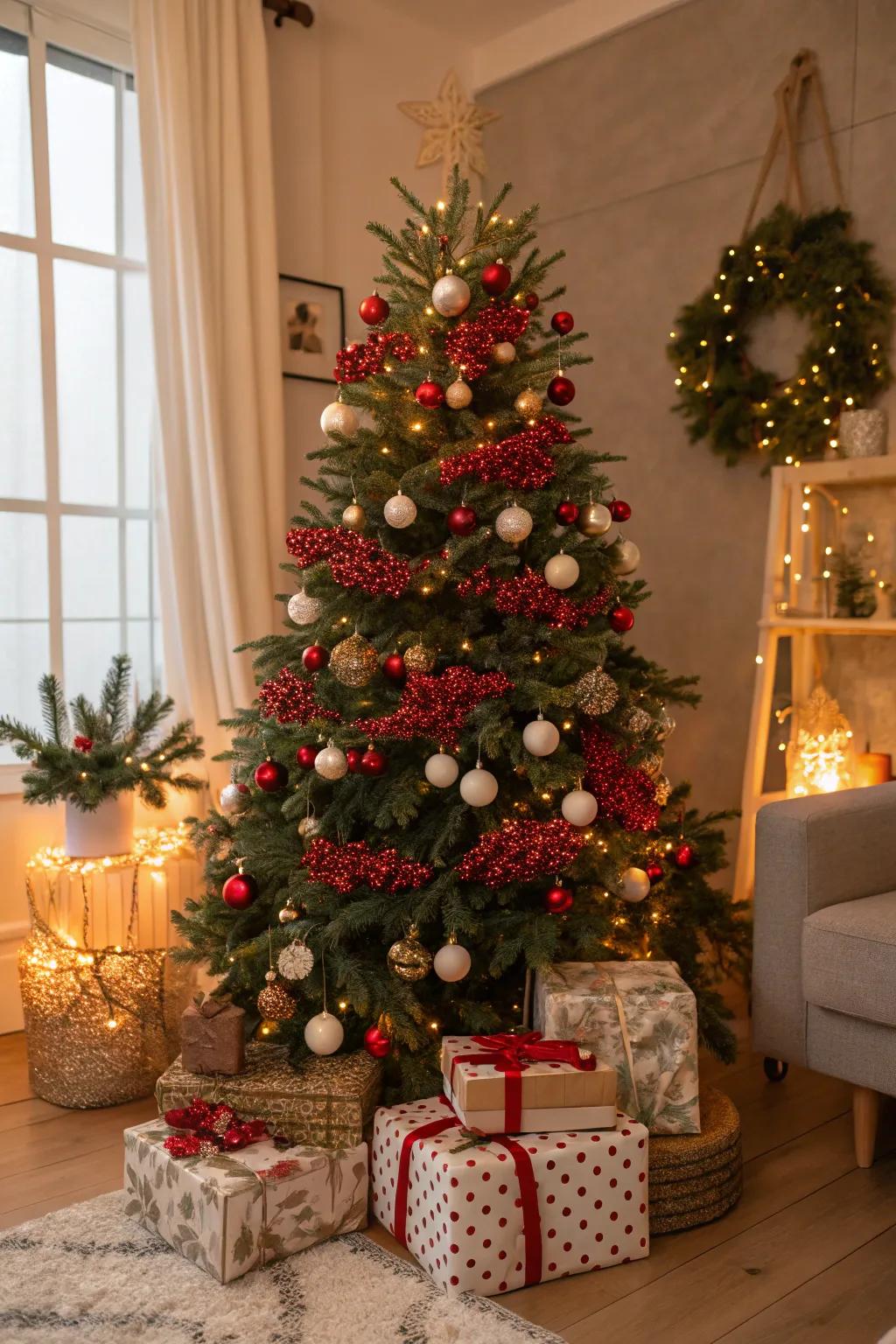 Crimson berry stems contribute an organic accent to the festive tree.