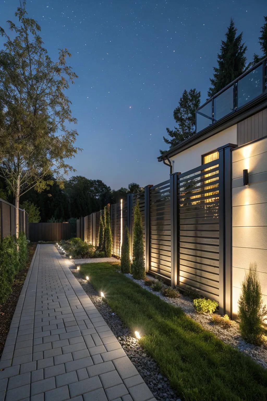 Integrated lighting turns your fence into a glowing feature after dark.