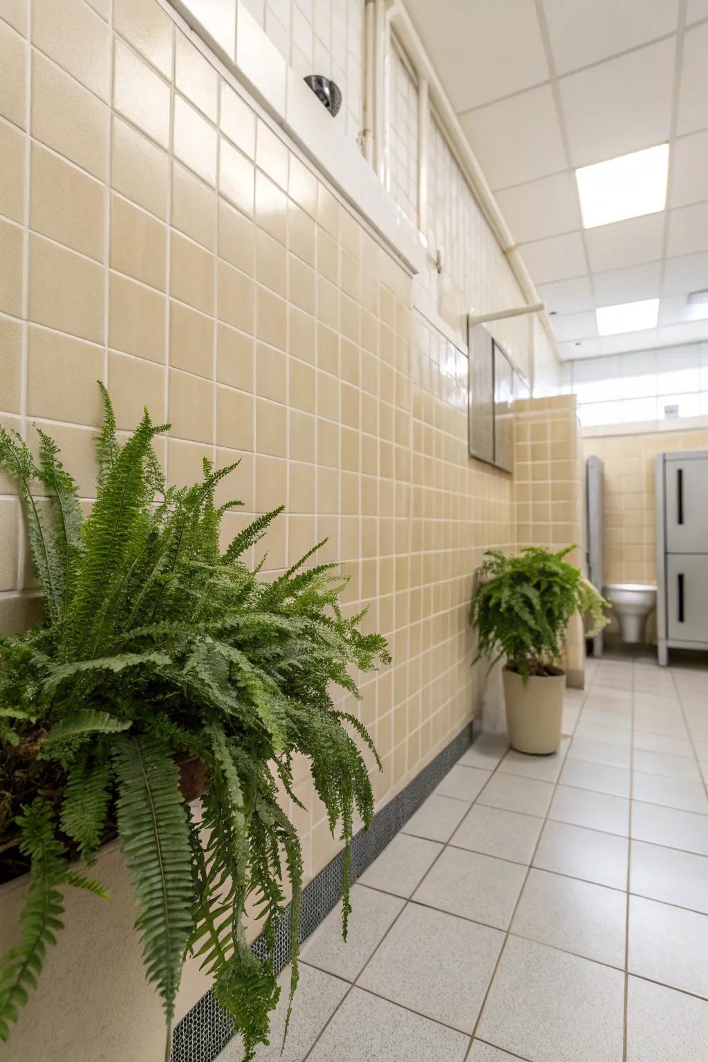 A touch of greenery adds freshness to the restroom's design.