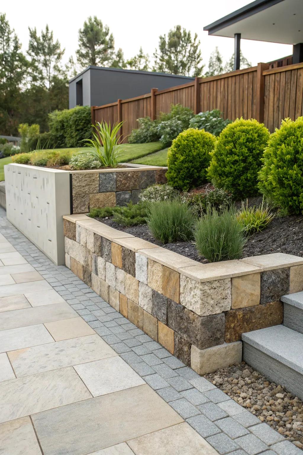 Textured and colored architectural landscape blocks adding a contemporary flair to a garden design.