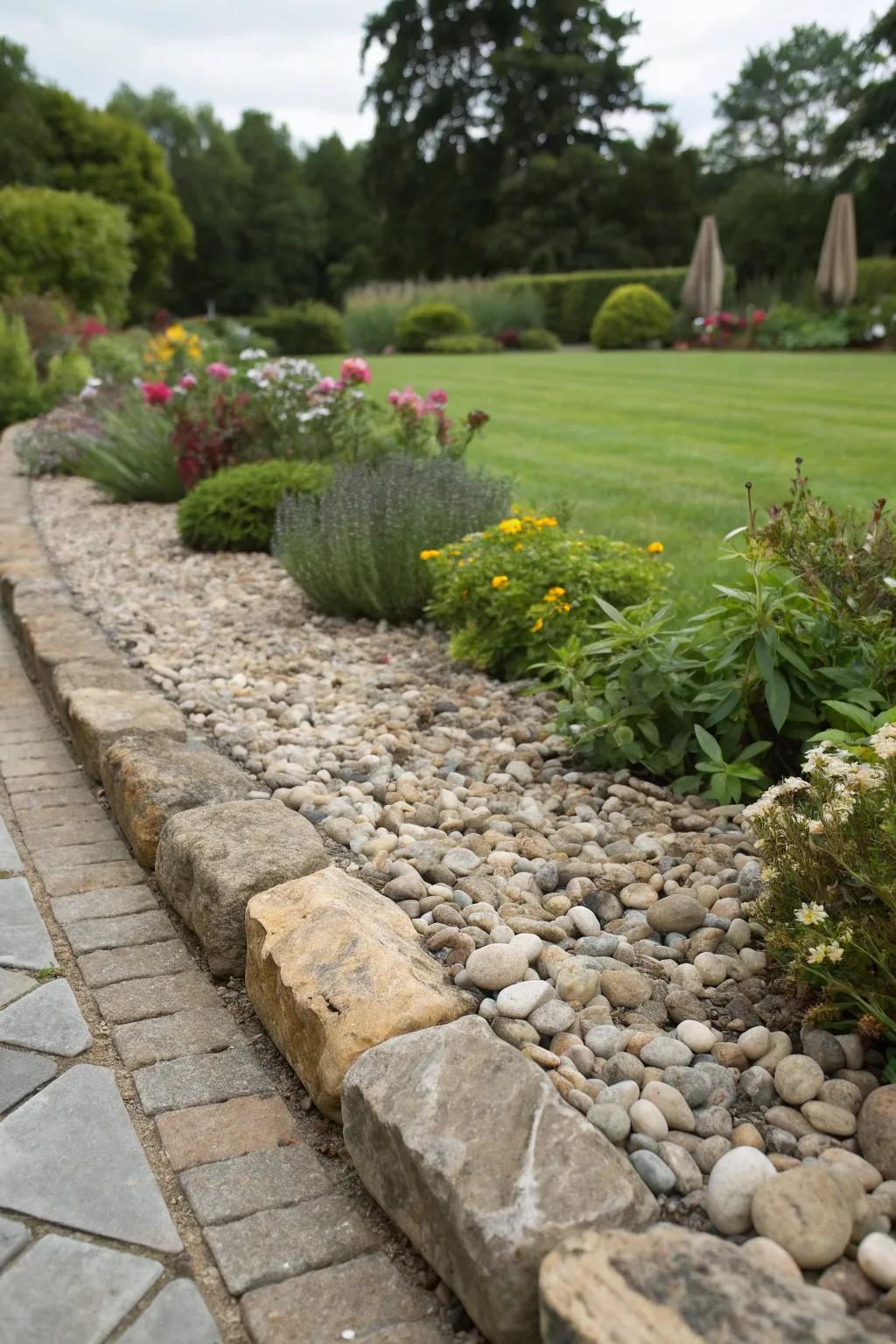 A garden border with blended stone and gravel aspects for a textured and matching look.