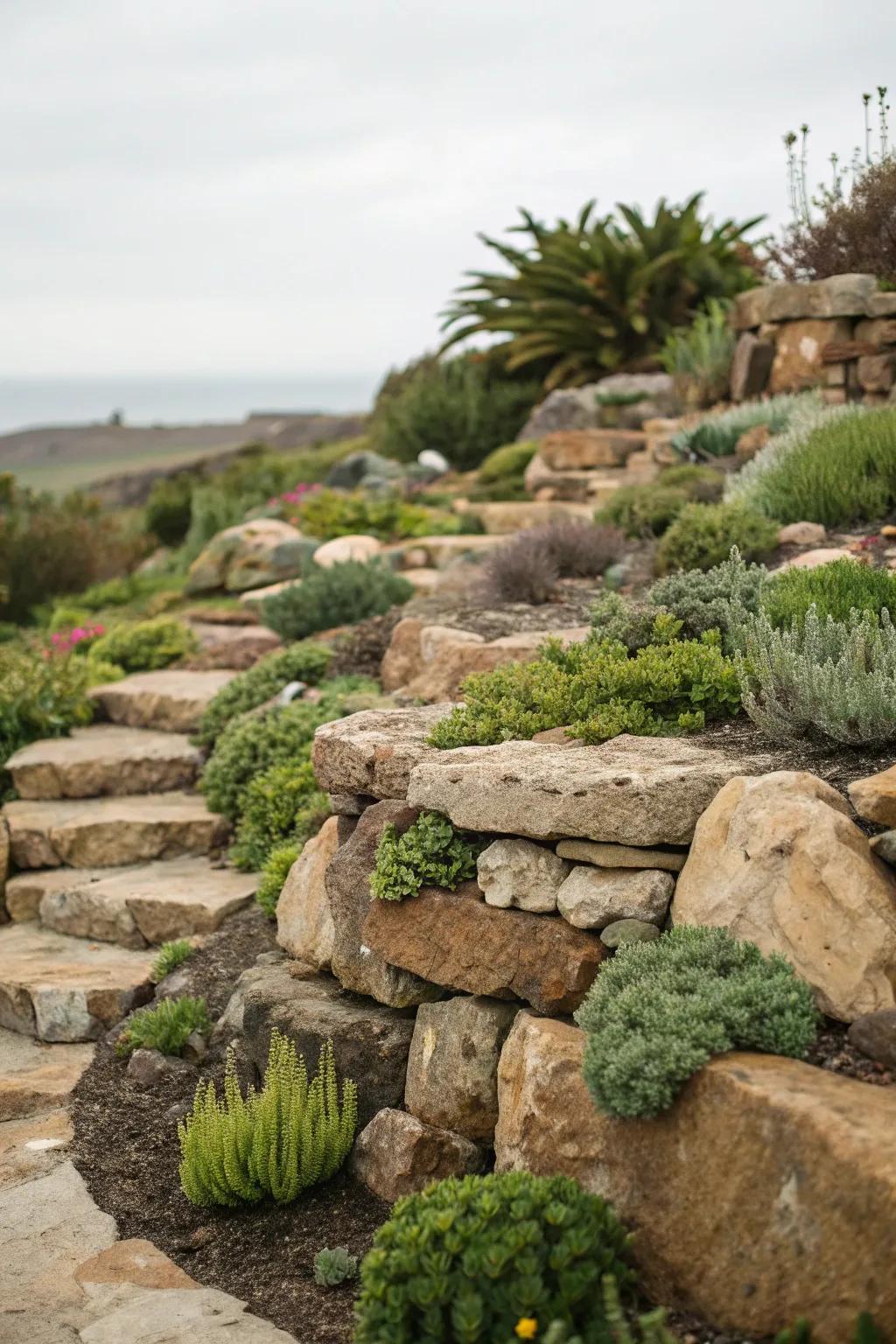 Terraced rock garden taking advantage of sloped terrain.