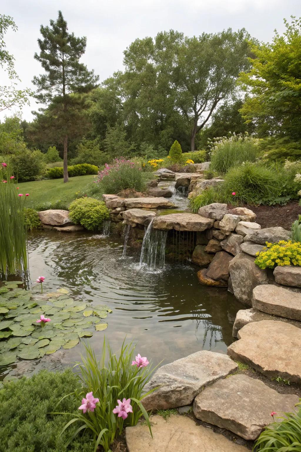 A stone water feature adds calmness and movement to the garden.