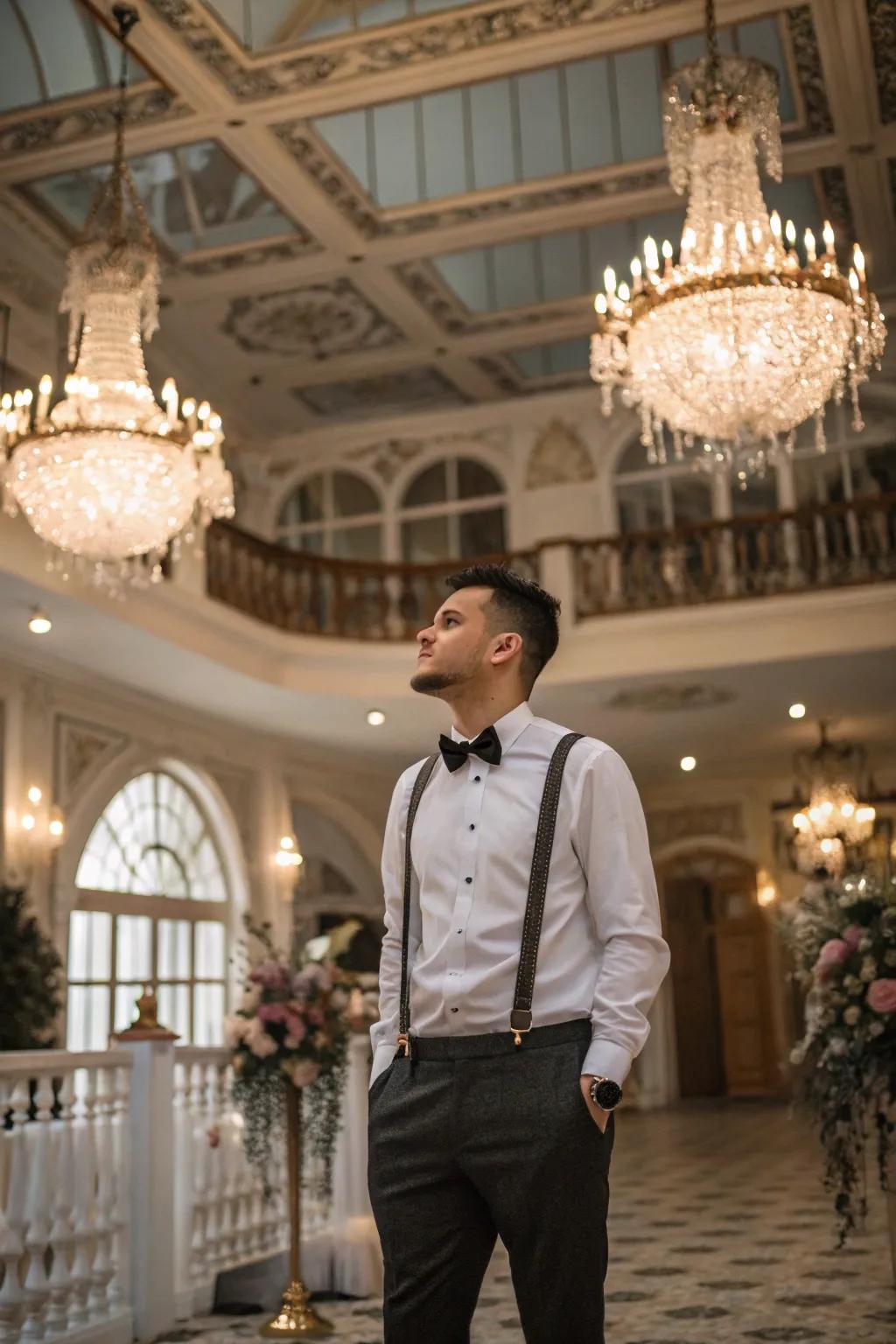 A groom exudes rockabilly charm in suspenders and a bow tie.