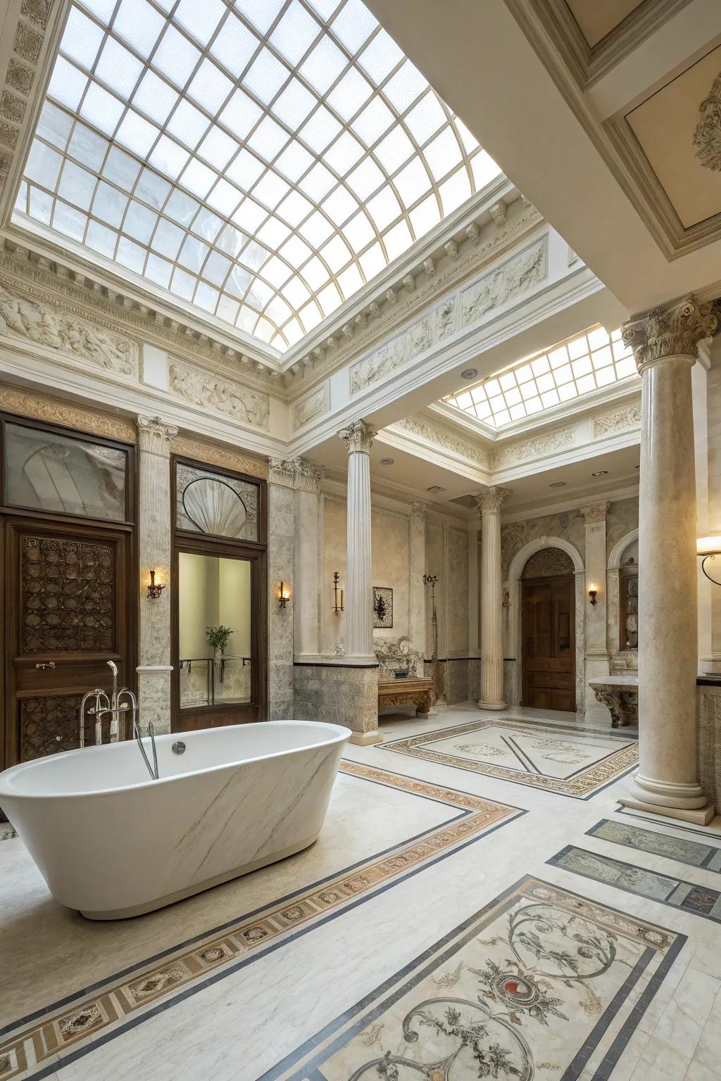 An open concept showcases the beauty of a Roman-inspired bath.