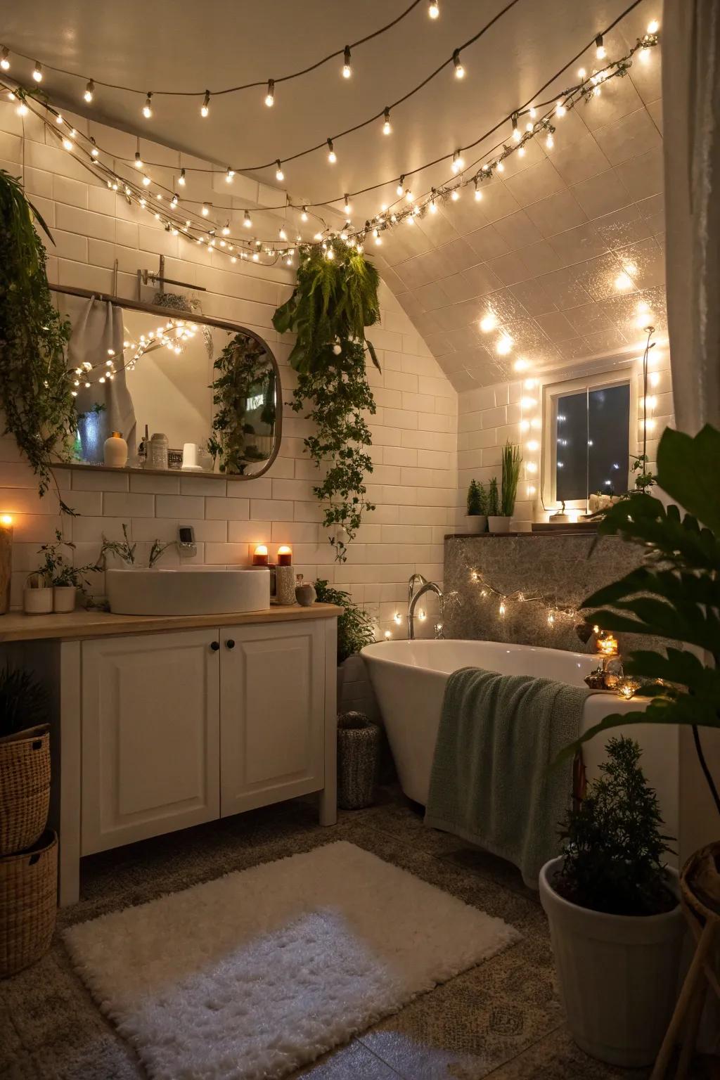 Fairy lights introduce a sprinkle of magic to your romantic bath.