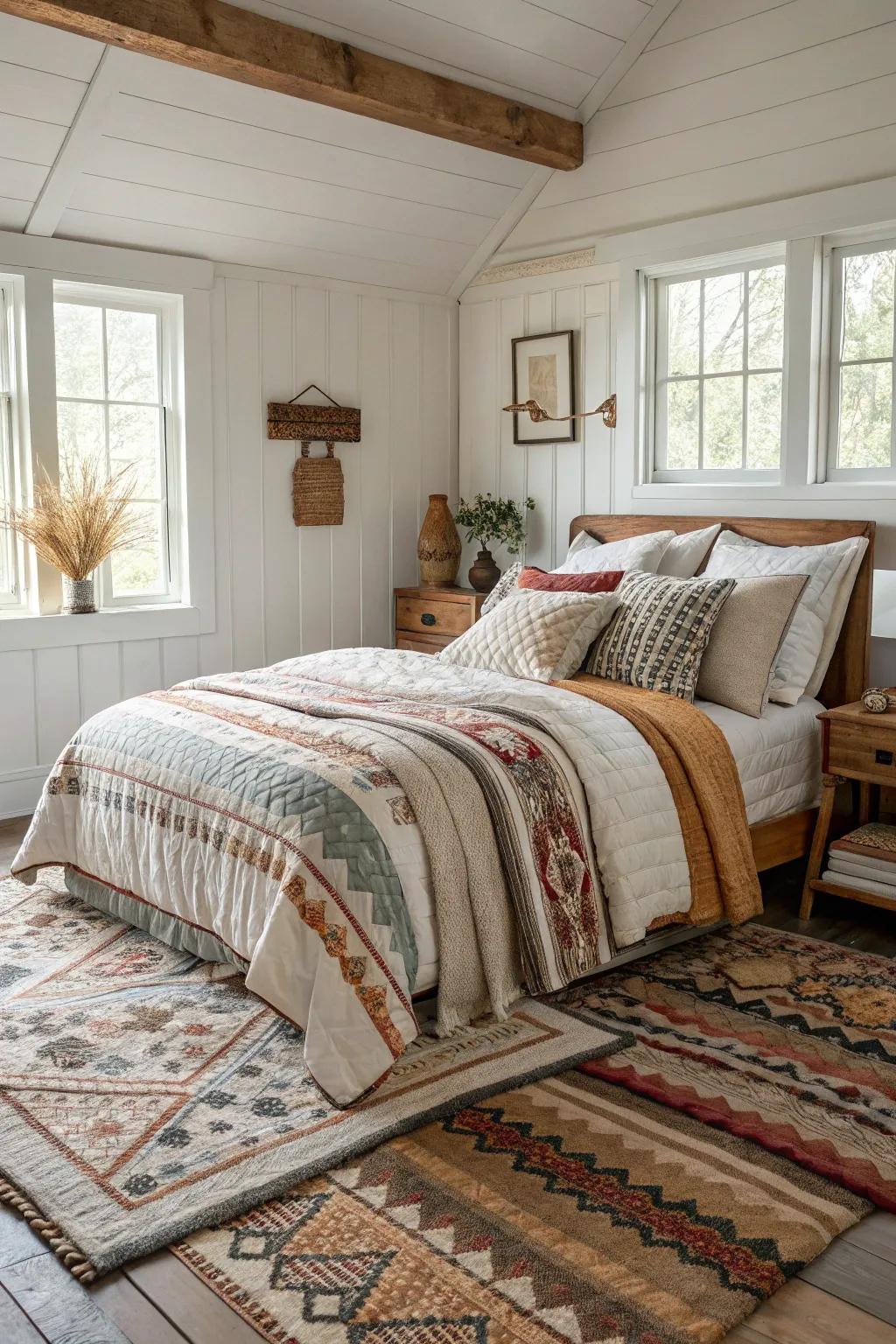 Layered fabrics fashion a comfortable and welcoming ambiance.