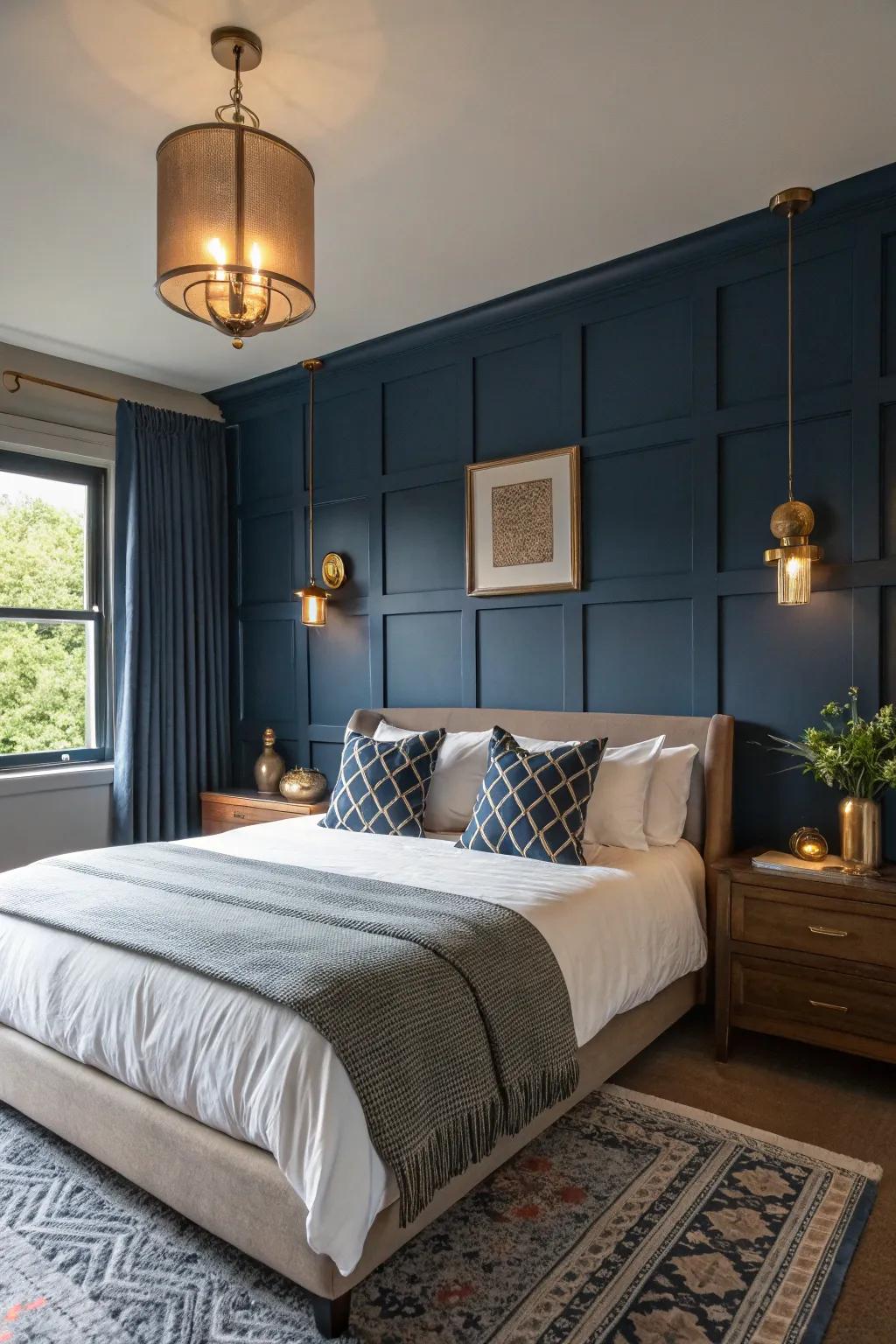 Brass features contribute warmth and sophistication to your deep sea blue area.