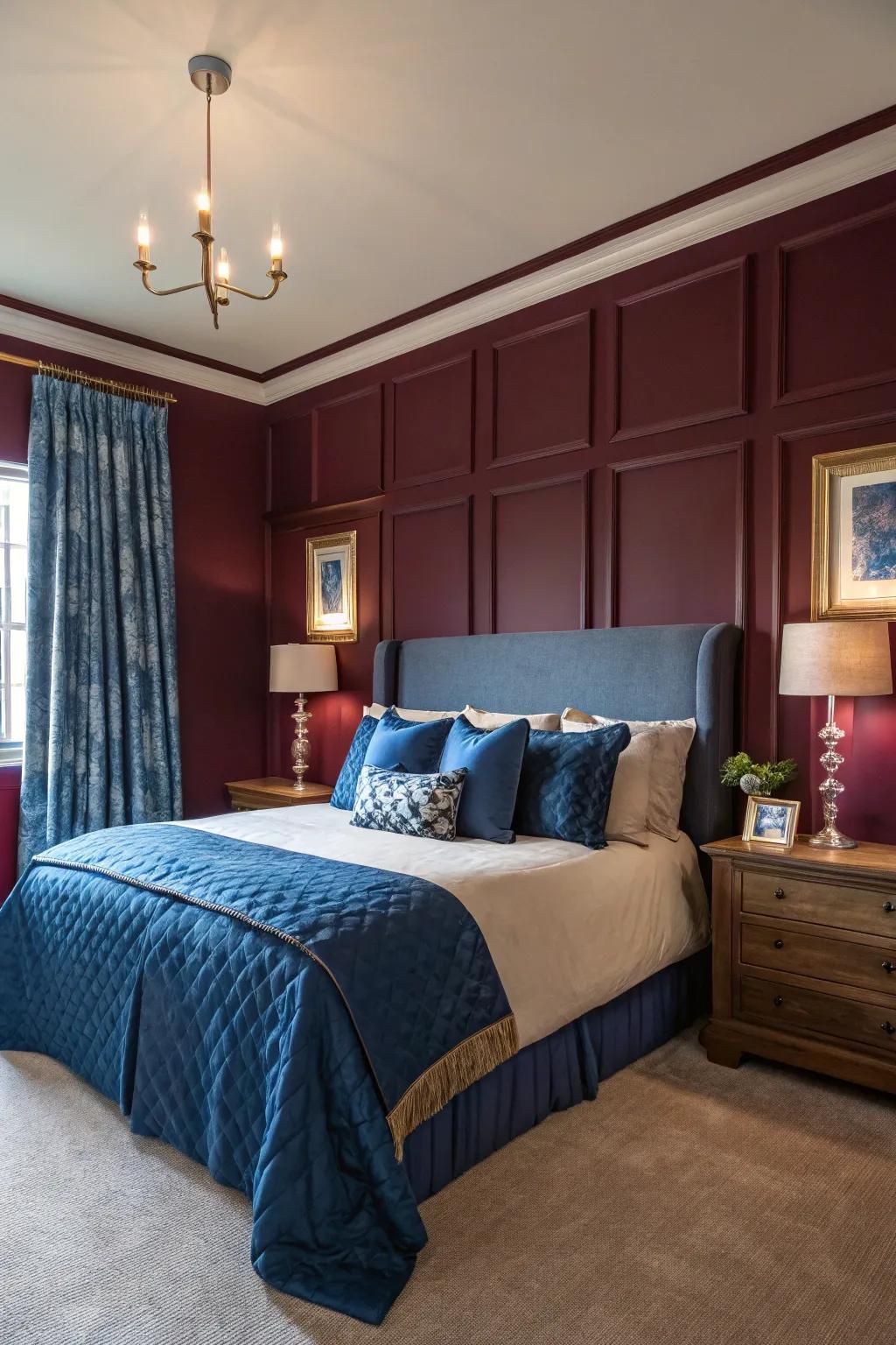 Intense hues like red wine and regal blue establish a stately tone in this bedroom.