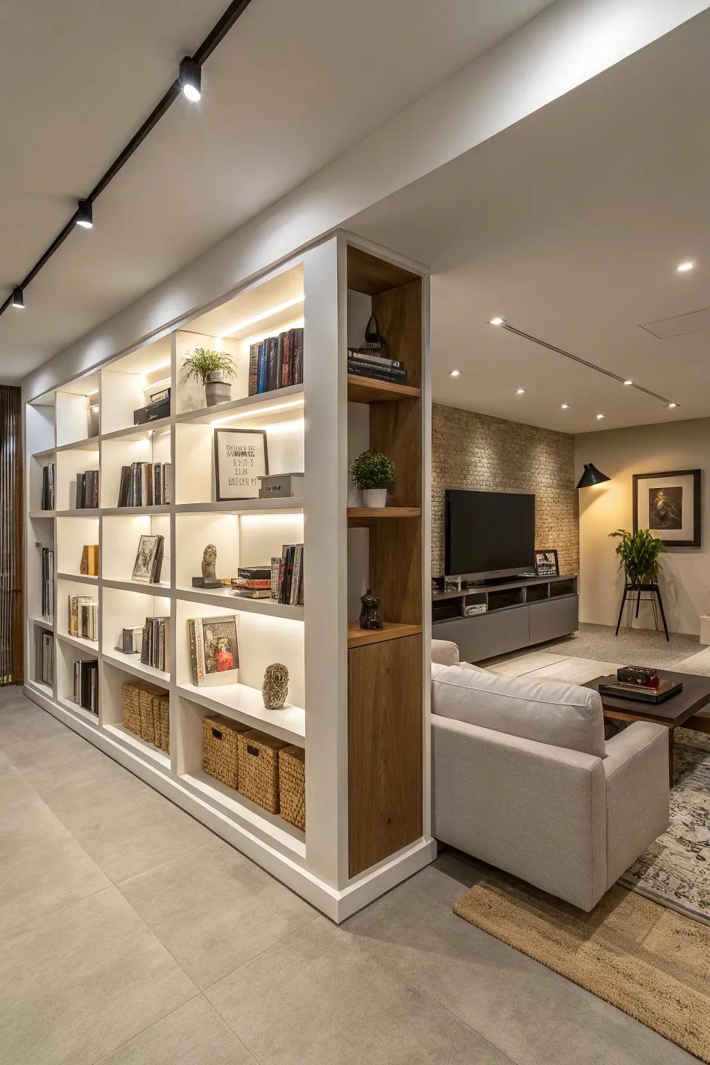 Open display cases present a functional and fashionable method for dividing space.