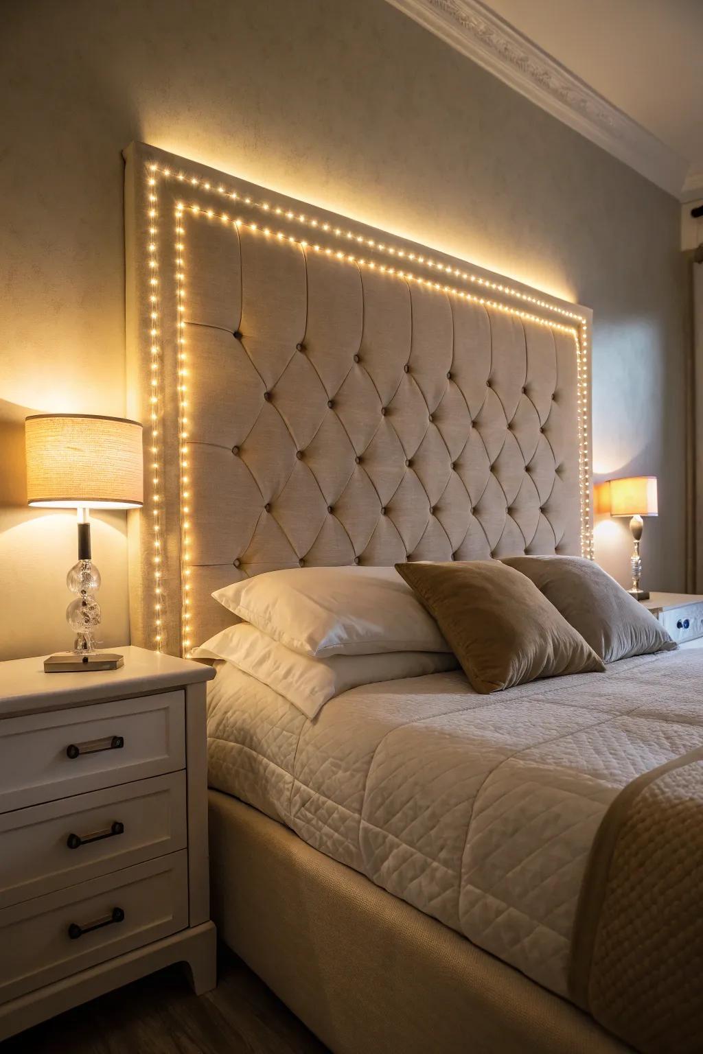 Sophistication and warmth radiate from a backlit headboard.