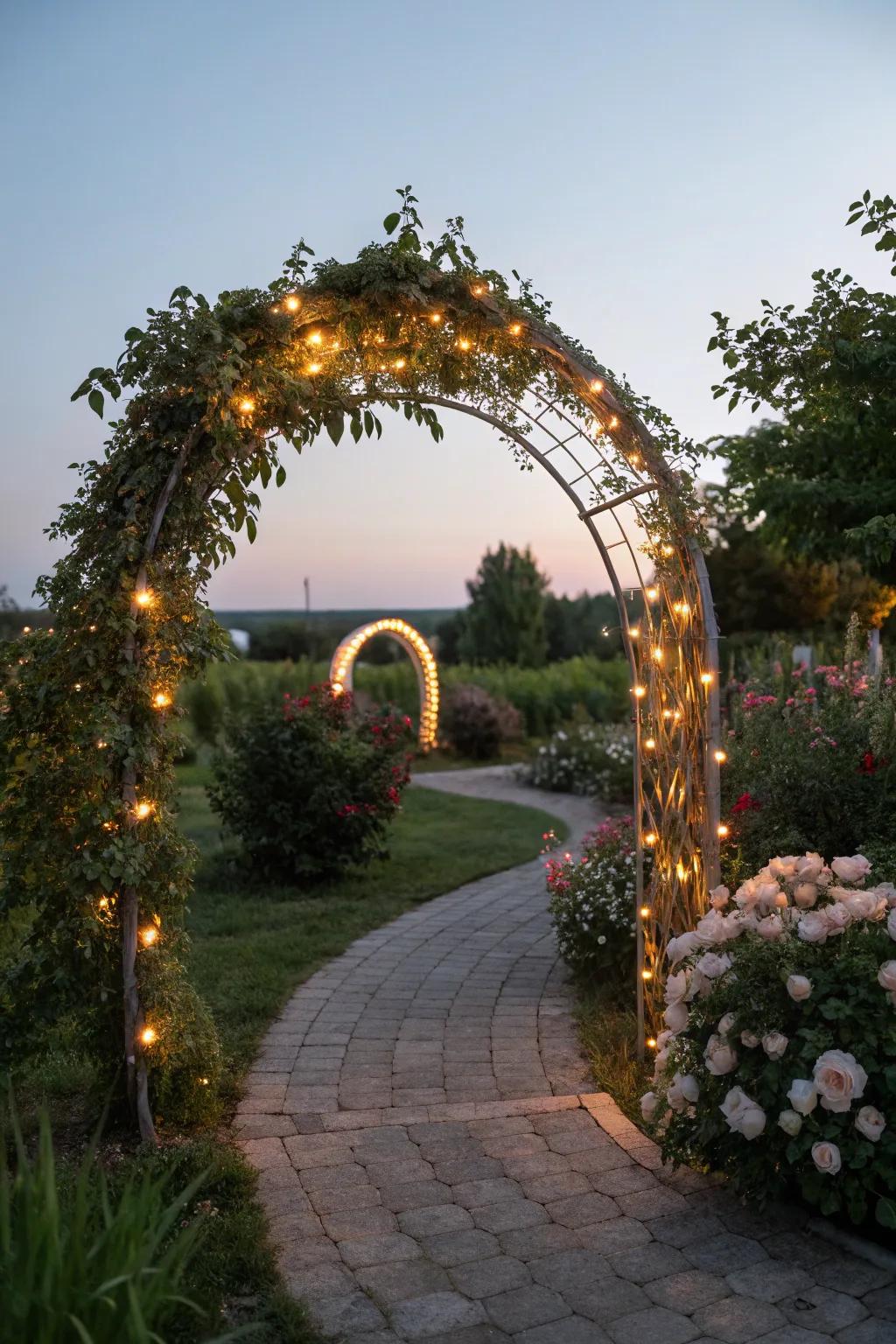Sparkling lights give this round arch a magical glow, ideal for nighttime events.