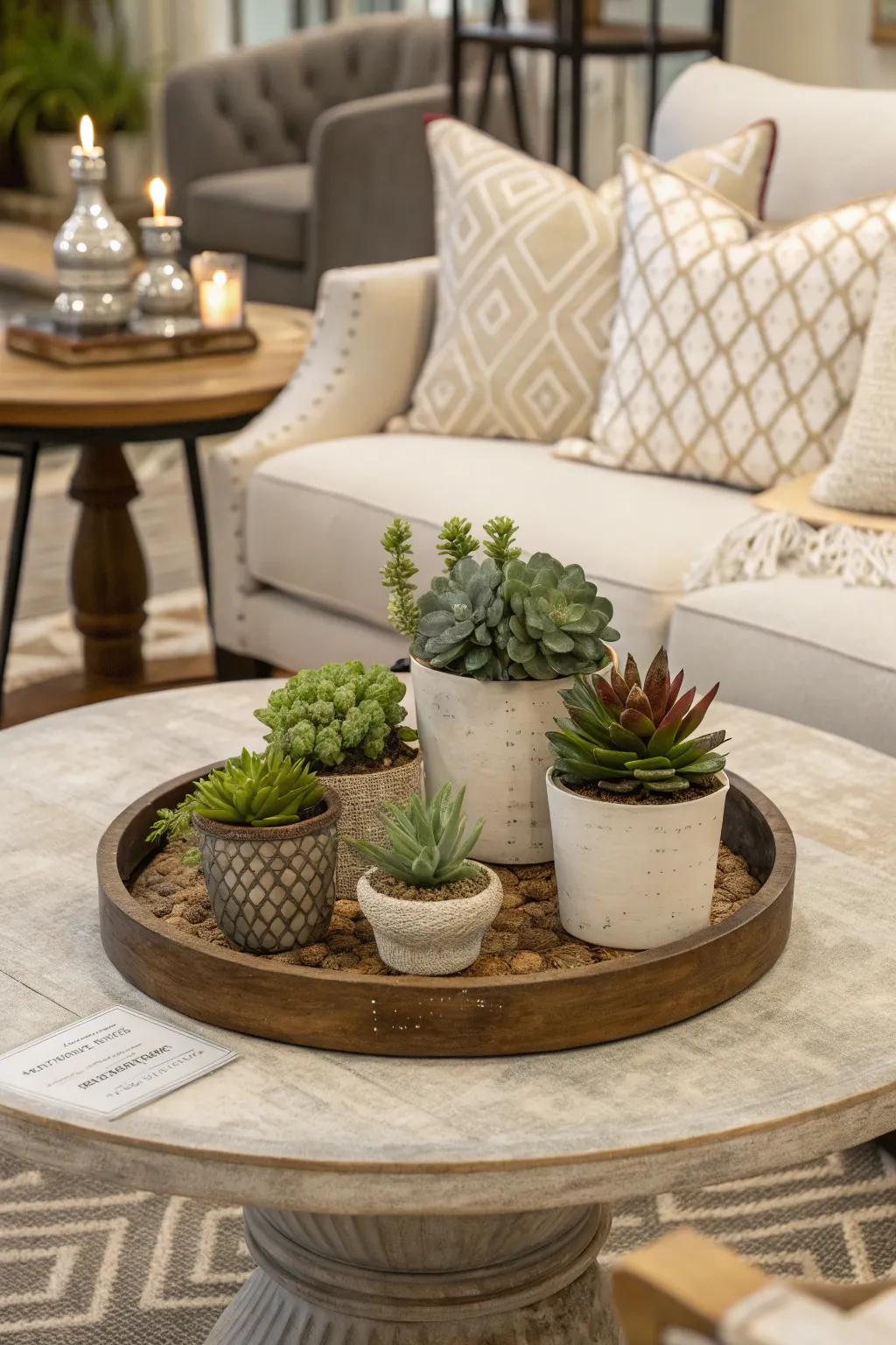 Plants introduce a refreshing element to your coffee table.