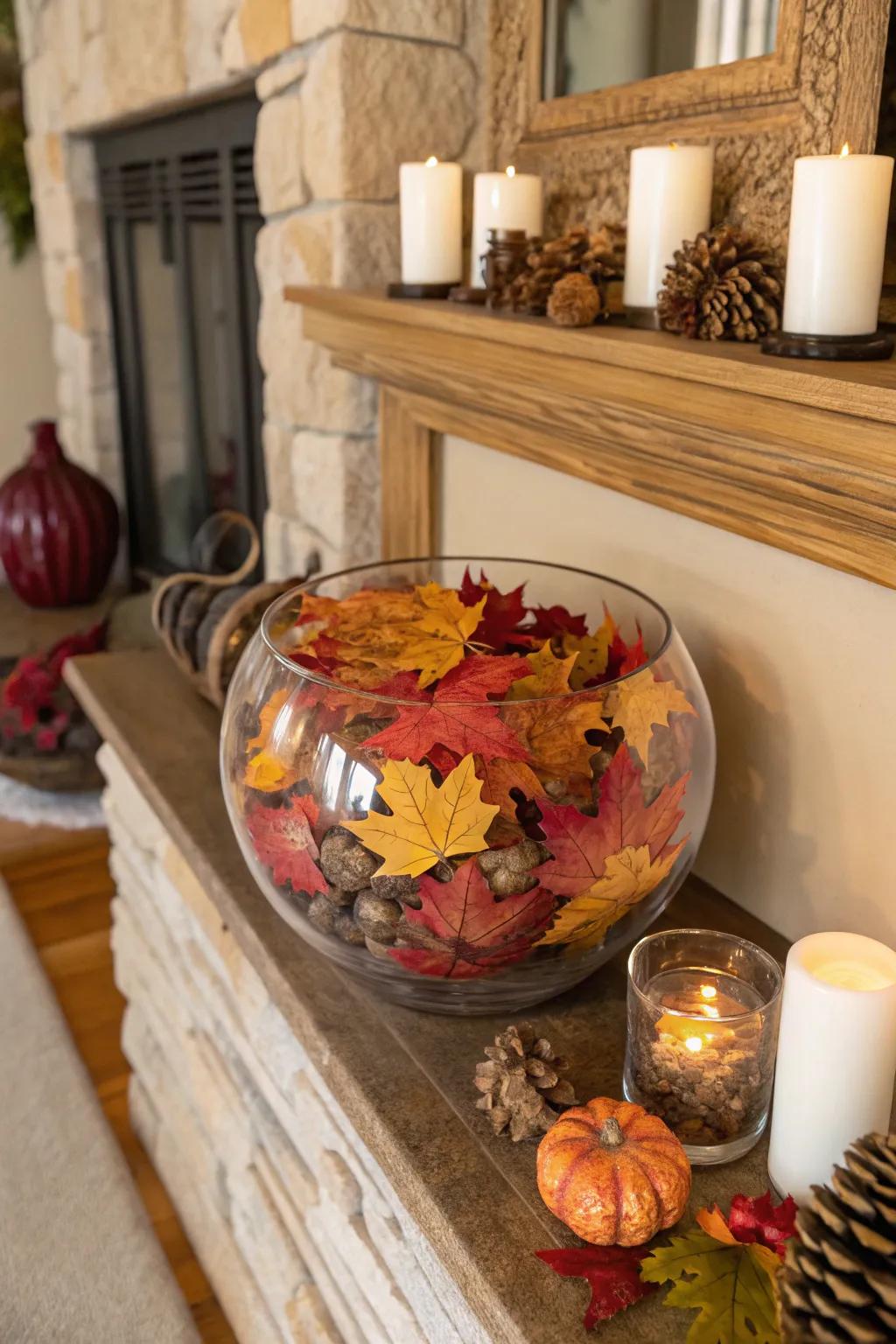 Seasonal components similar to autumn leaves provide a festive flair to glass containers.
