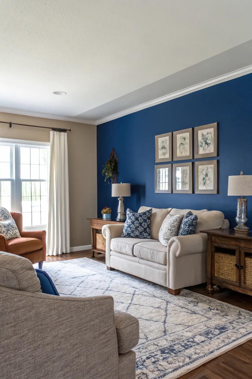 A royal blue accent wall adds depth without overwhelming the space.