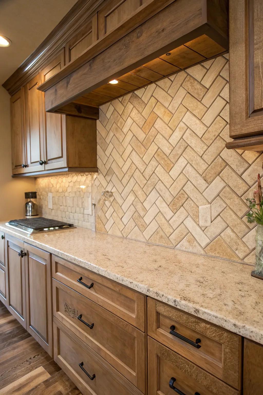 Herringbone patterns add a dynamic touch to rustic kitchens.