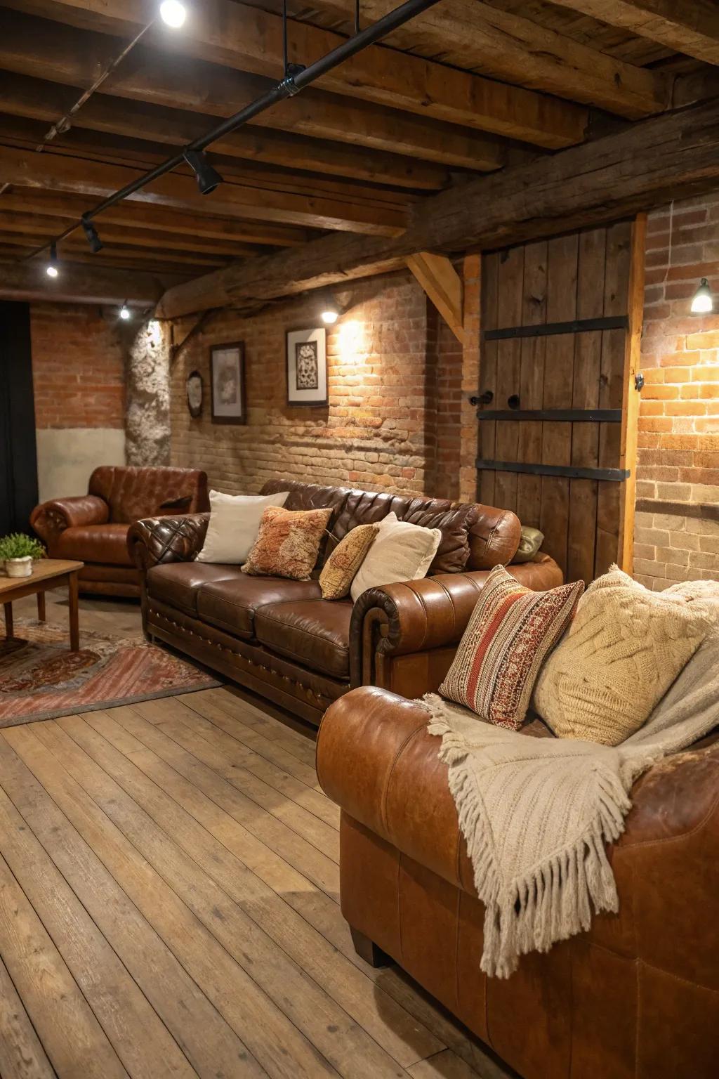 Hide furnishings introduce elegant antiquity to your lower level.