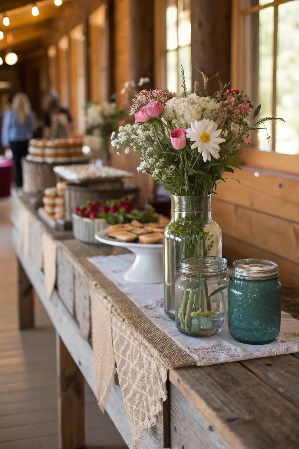 Glass jars add a charming country-style nuance to the serving station decor.