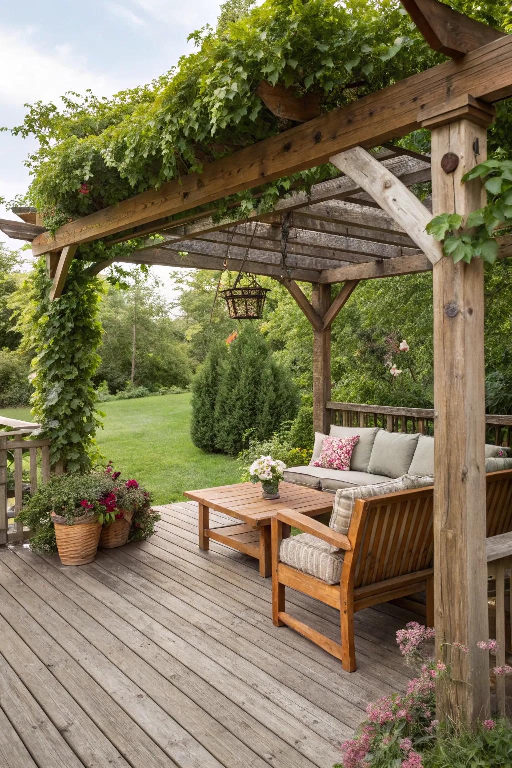 A wooden pergola offers shade and style to this outdoor space.