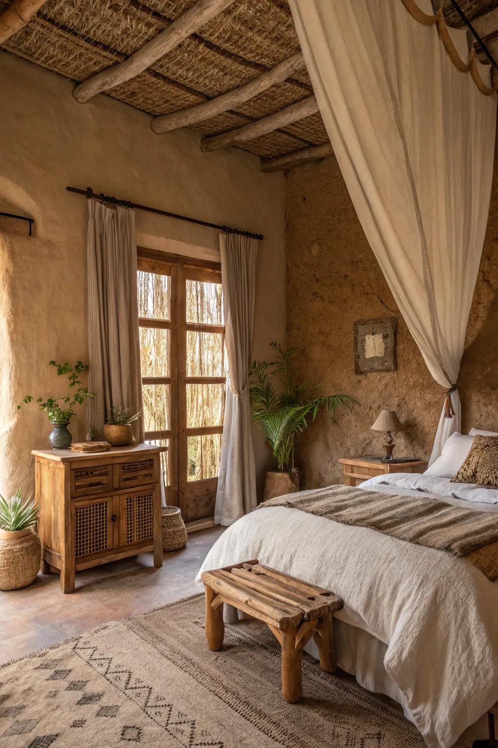 A bedroom featuring grounded hues and natural materials.