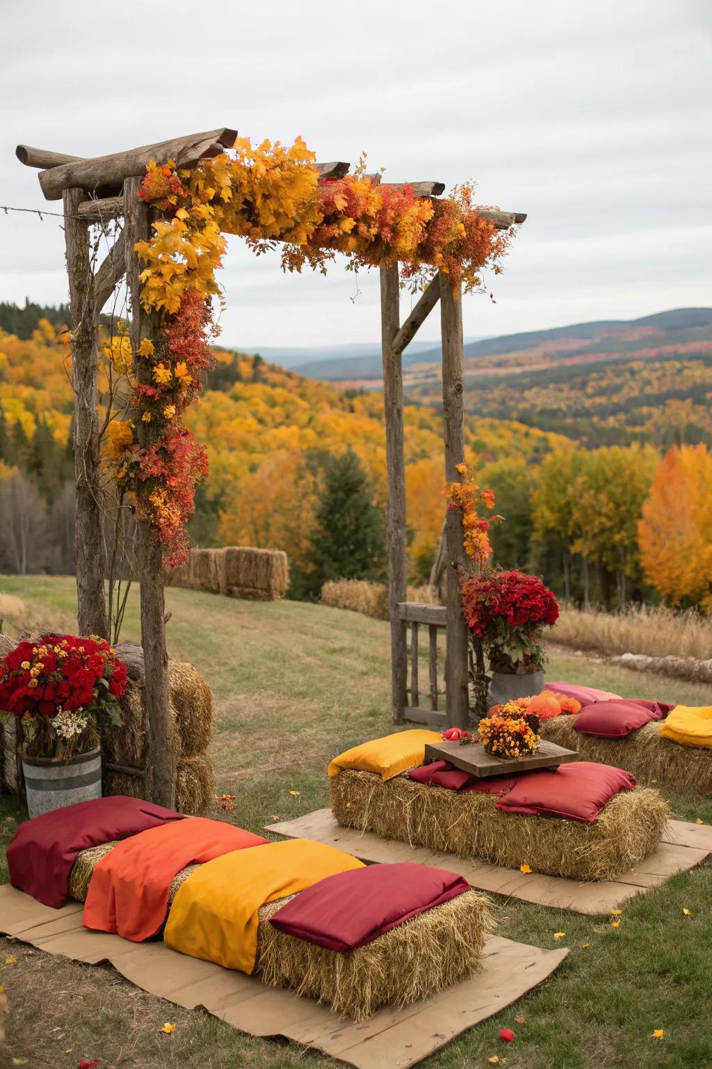 Hay bales offer rustic charm and practical seating.