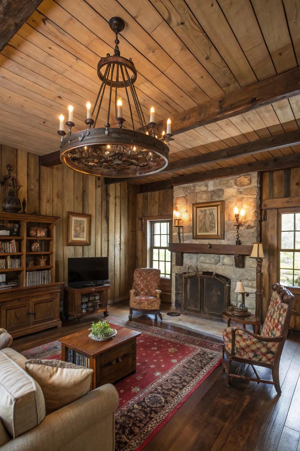 Charming rustic accents enhance the character of this family room.