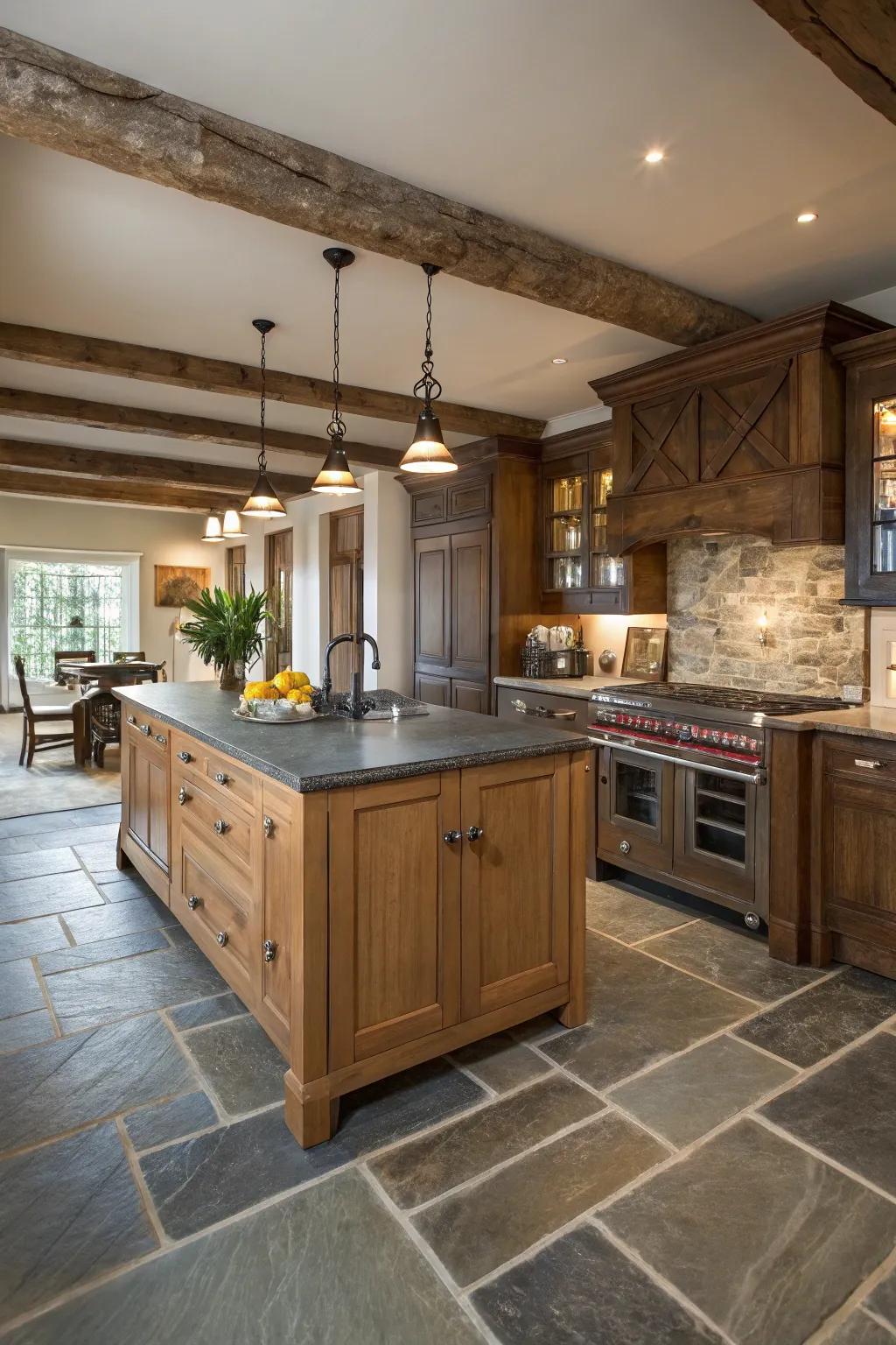 Slate stone flooring merges refined style with country charm.