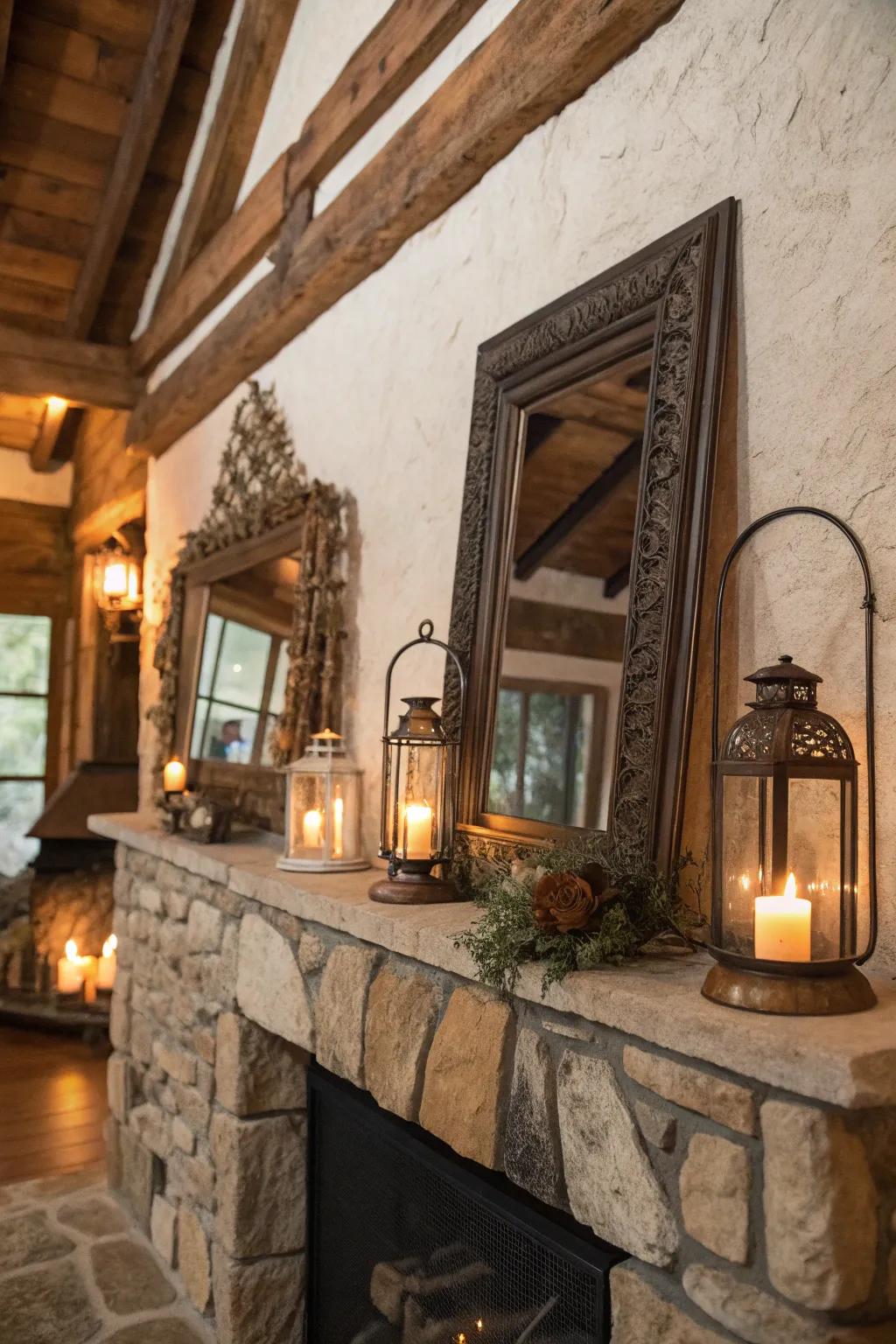 Timeless accents add charm and character to this rustic fireplace.