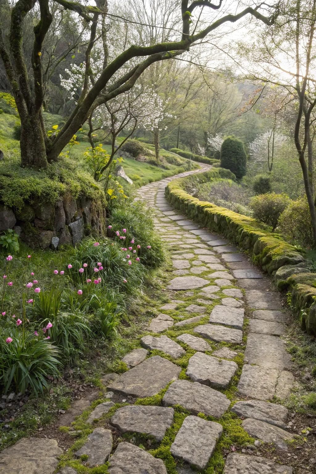 A meandering stone walkway through a flourishing countryside garden.