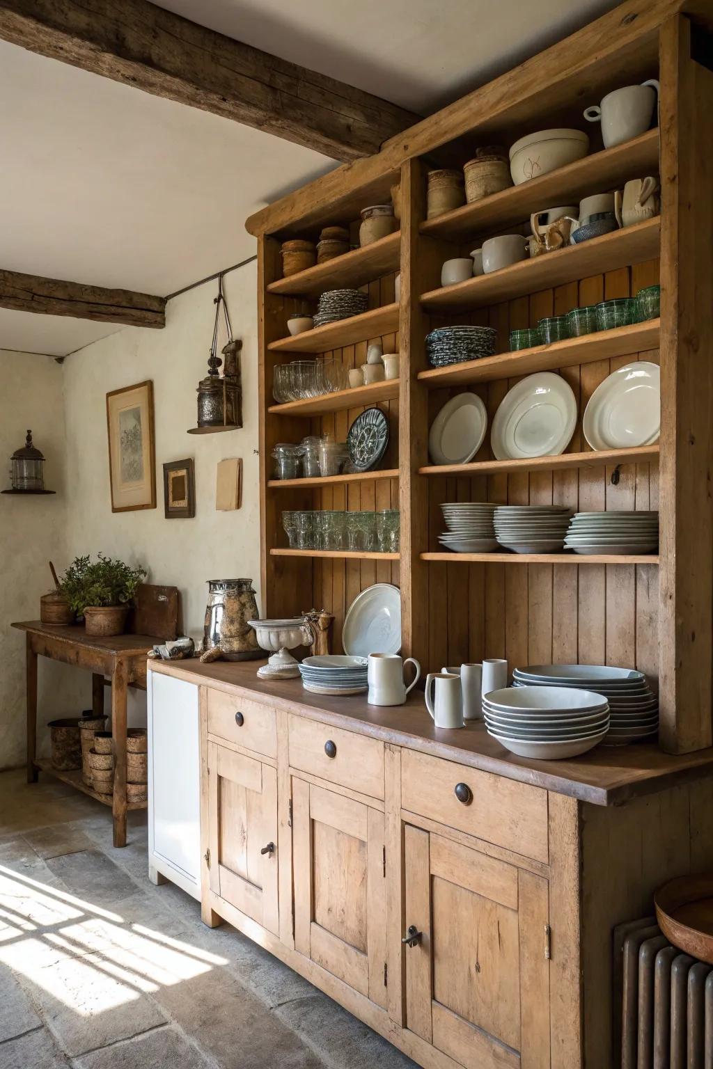 Open shelving maintains a light, airy kitchen while beautifully showcasing rustic tableware.