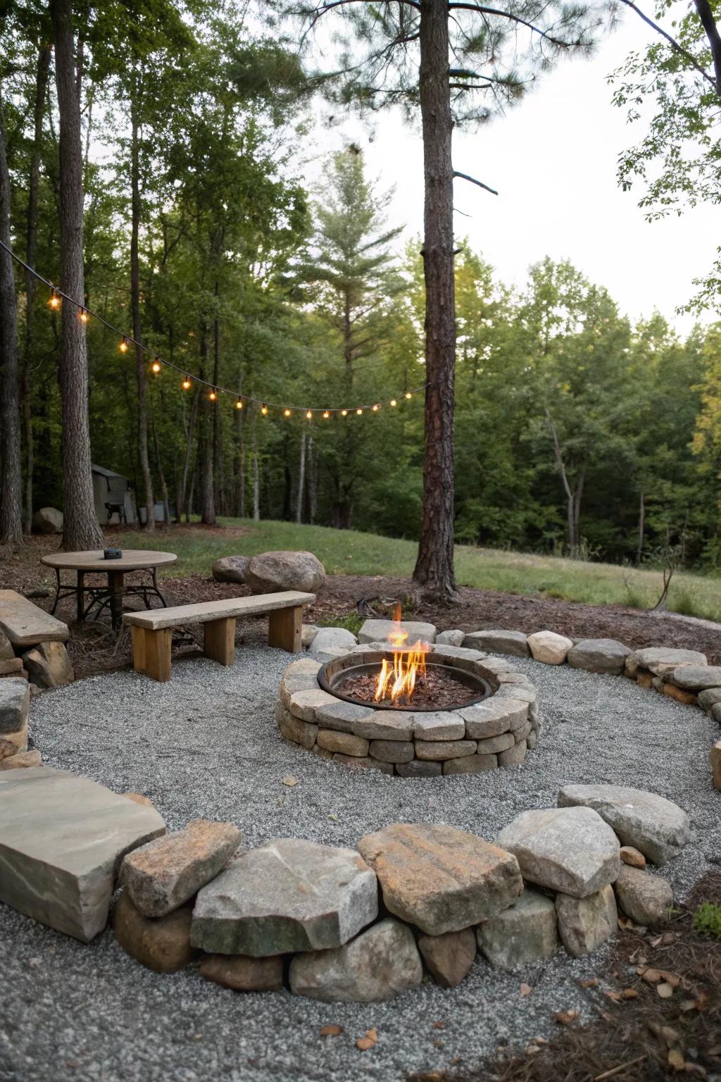 A functional and attractive stone and gravel fire pit.