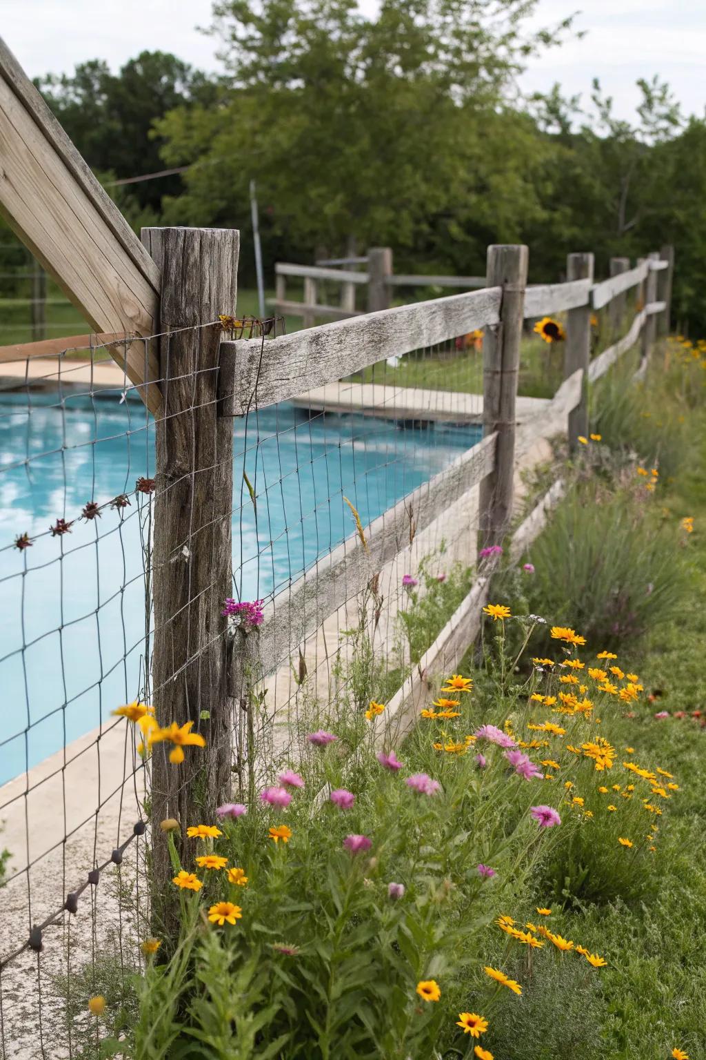 A split-rail barrier incorporating countryside charm to the poolside.